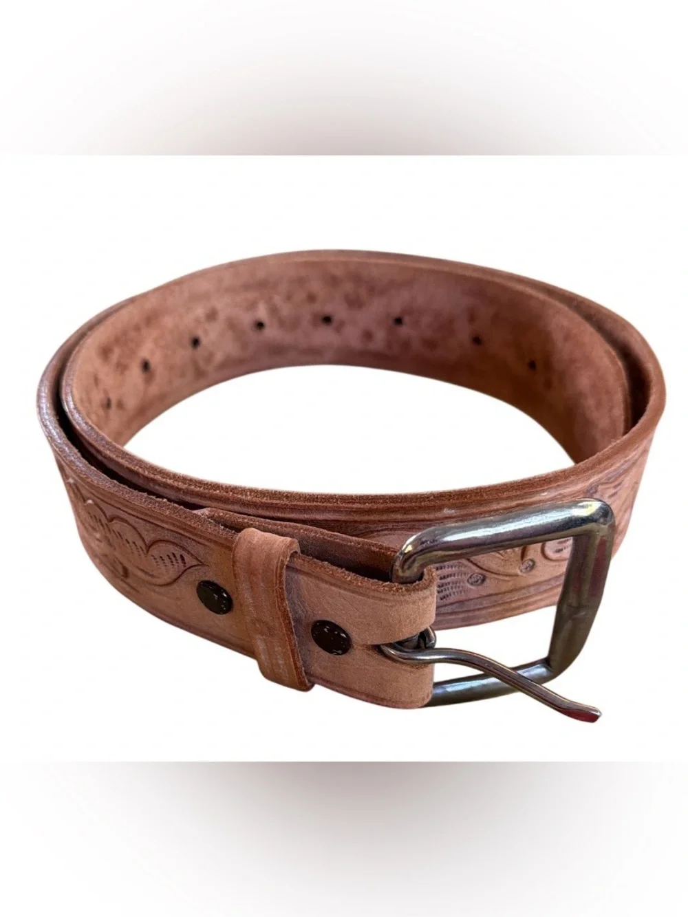 Hand-Tooled Leather Belt in Light Brown with Floral Motif